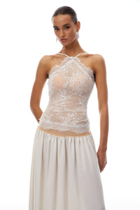Reine White Pleated Maxi Dress with Lace Panels