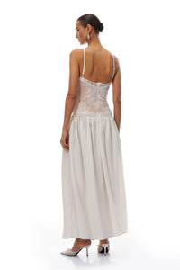 Reine White Pleated Maxi Dress with Lace Panels