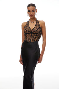 Lucie Black Lace Panel Satin Midi Dress