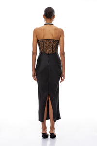 Lucie Black Lace Panel Satin Midi Dress