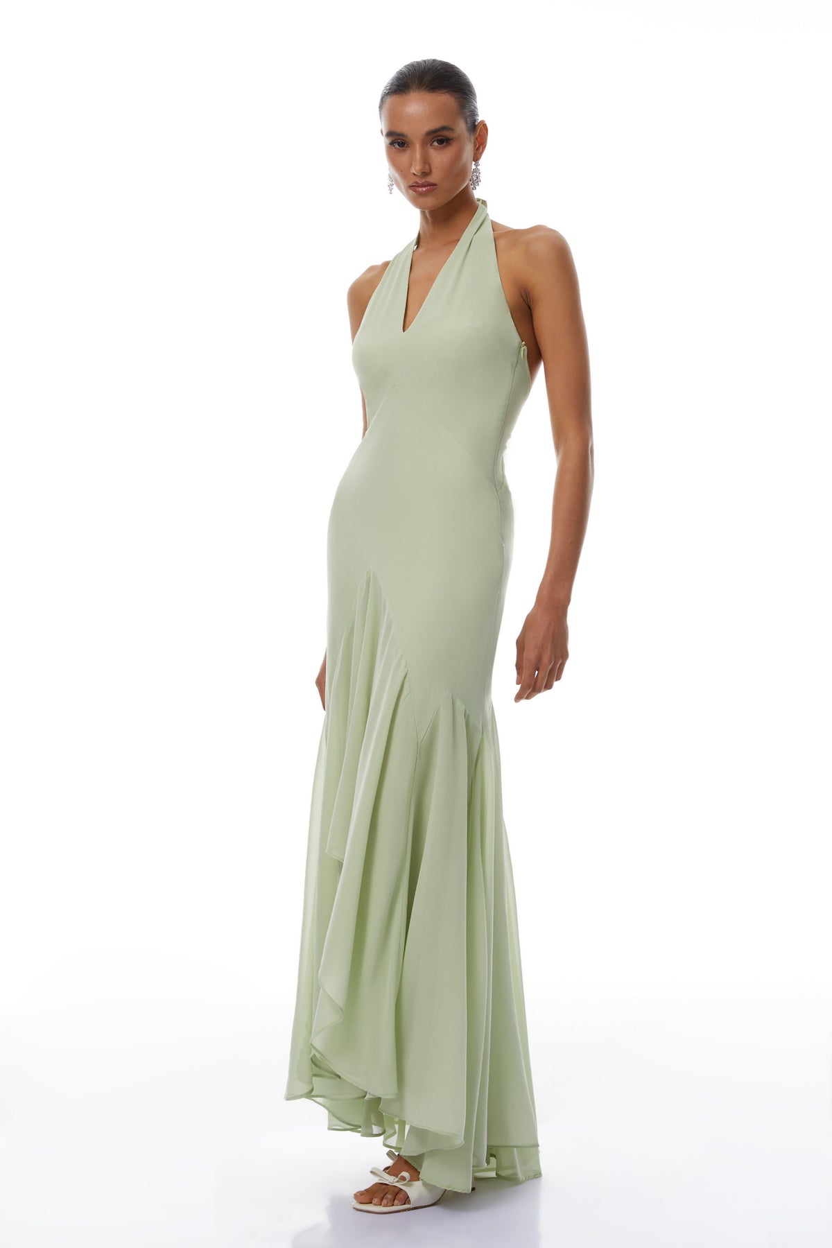 Mónika Green Halterneck Asymmetrical Maxi Dress