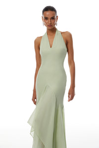 Mónika Green Halterneck Asymmetrical Maxi Dress