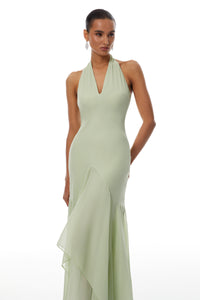 Mónika Green Halterneck Asymmetrical Maxi Dress