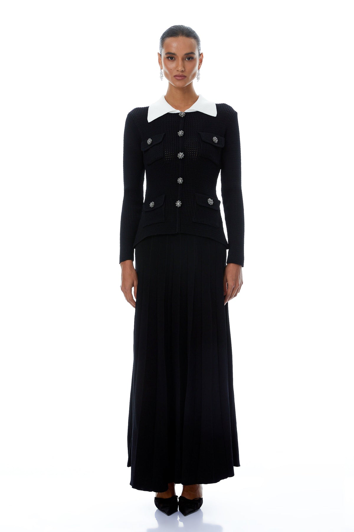 Esmée Black Embellished Pleated Knit Jacket & Skirt Set