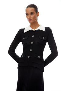 Esmée Black Embellished Pleated Knit Jacket & Skirt Set