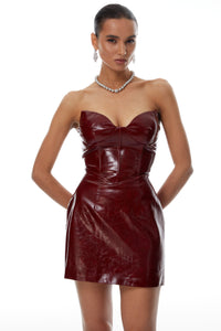 Victoire Burgundy Strapless Textured Leather Mini Dress