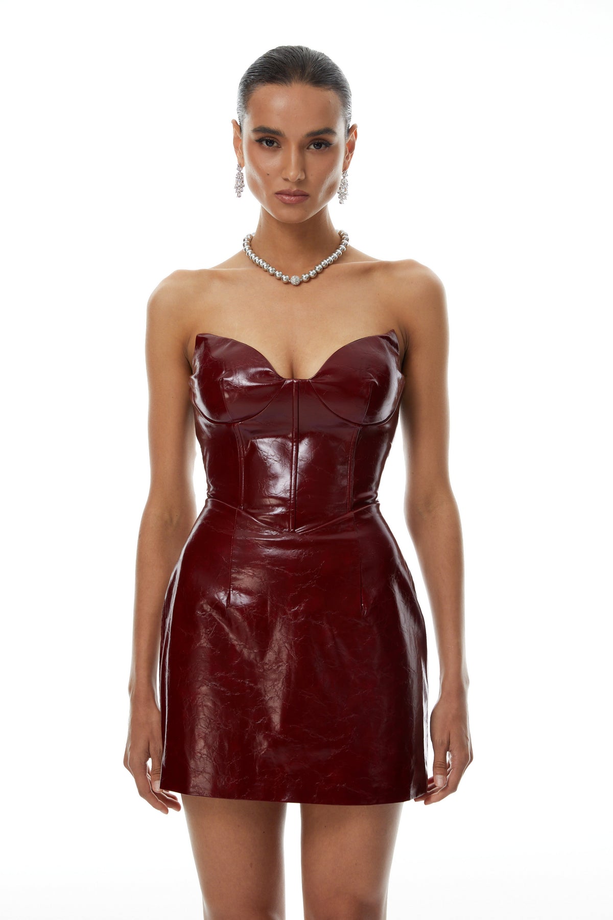 Victoire Burgundy Strapless Textured Leather Mini Dress