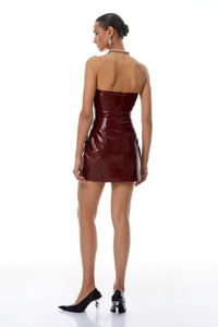Victoire Burgundy Strapless Textured Leather Mini Dress