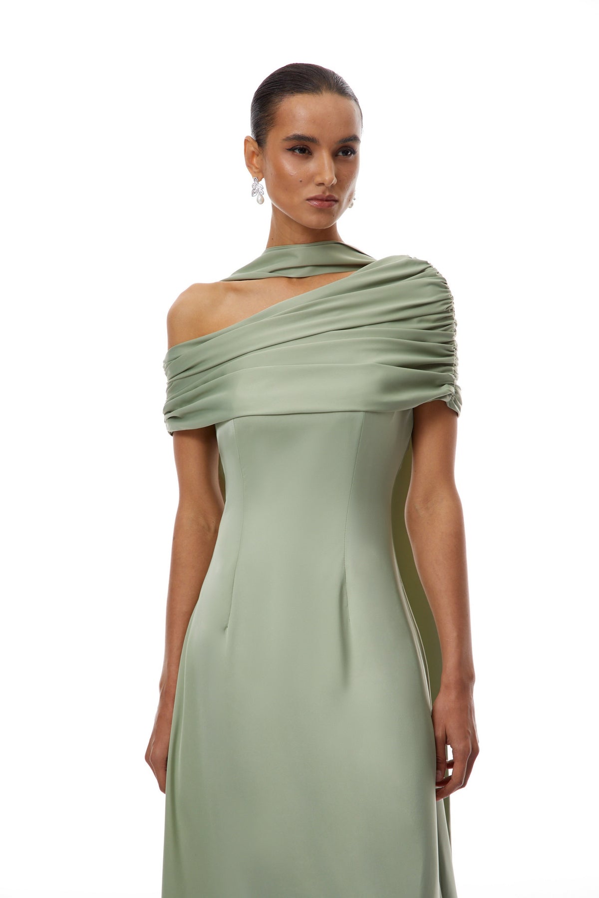Benedetta Green One Shoulder Satin Maxi Dress