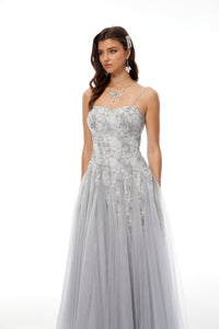 Adalynn Grey Floral Embroidered Tulle Maxi Dress