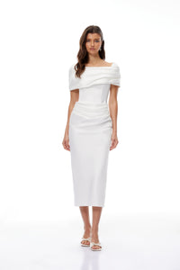 Solara White Draped Midi Dress