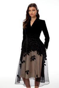 Brielle Black Leaf Embroidered Velvet Midi Dress