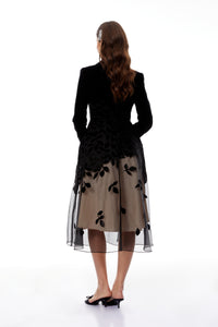 Brielle Black Leaf Embroidered Velvet Midi Dress
