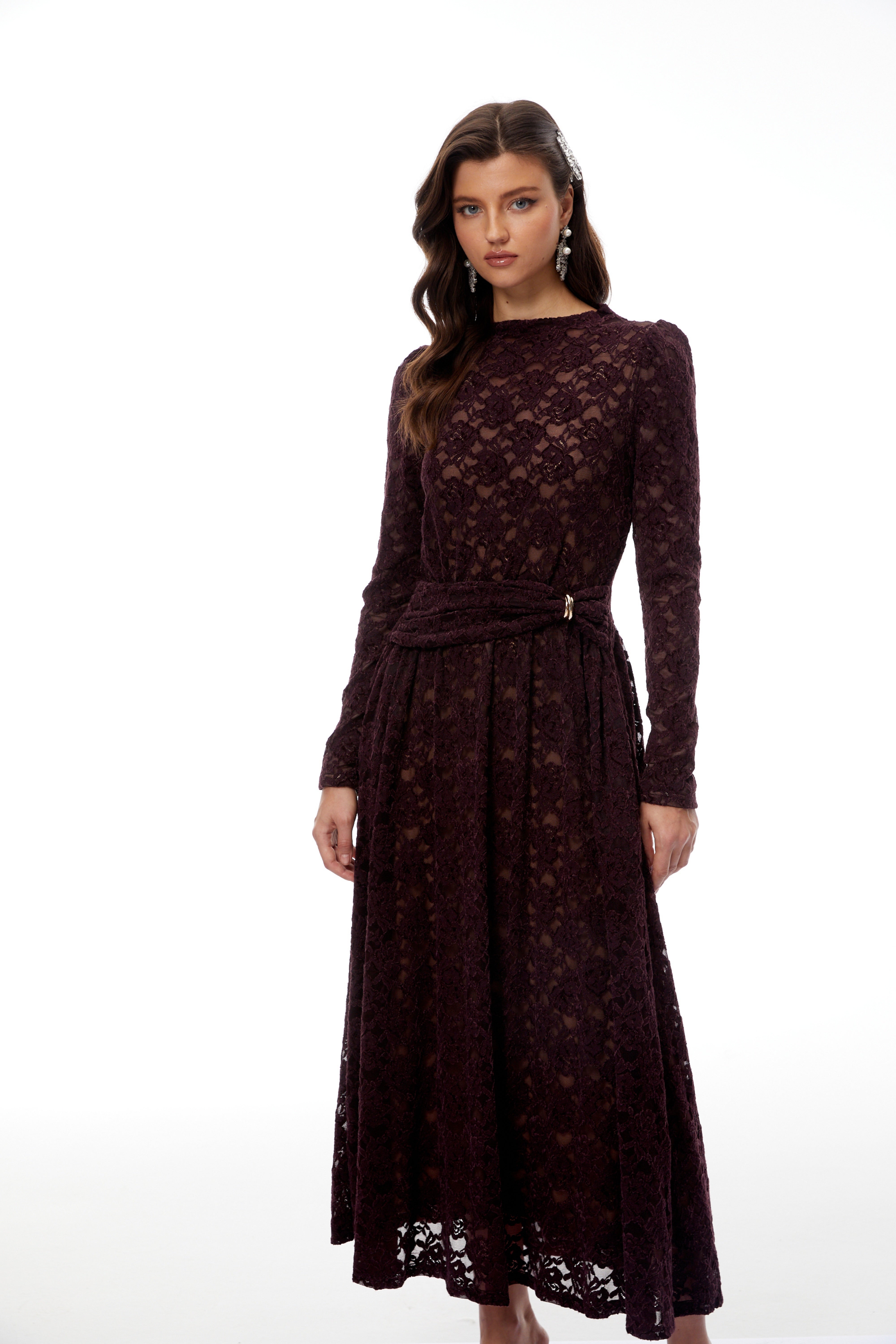 Ricardo Burgundy Chenille Lace Midi Dress