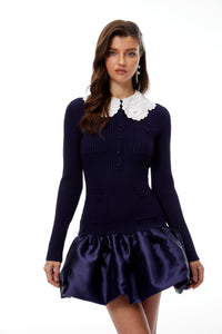 Aroa Navy Blue Satin Panel Knit Mini Dress