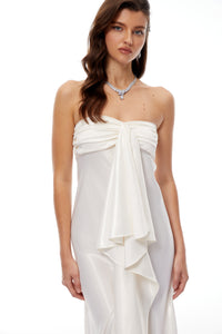 Lilla Beige Strapless Ruffled Satin Maxi Dress