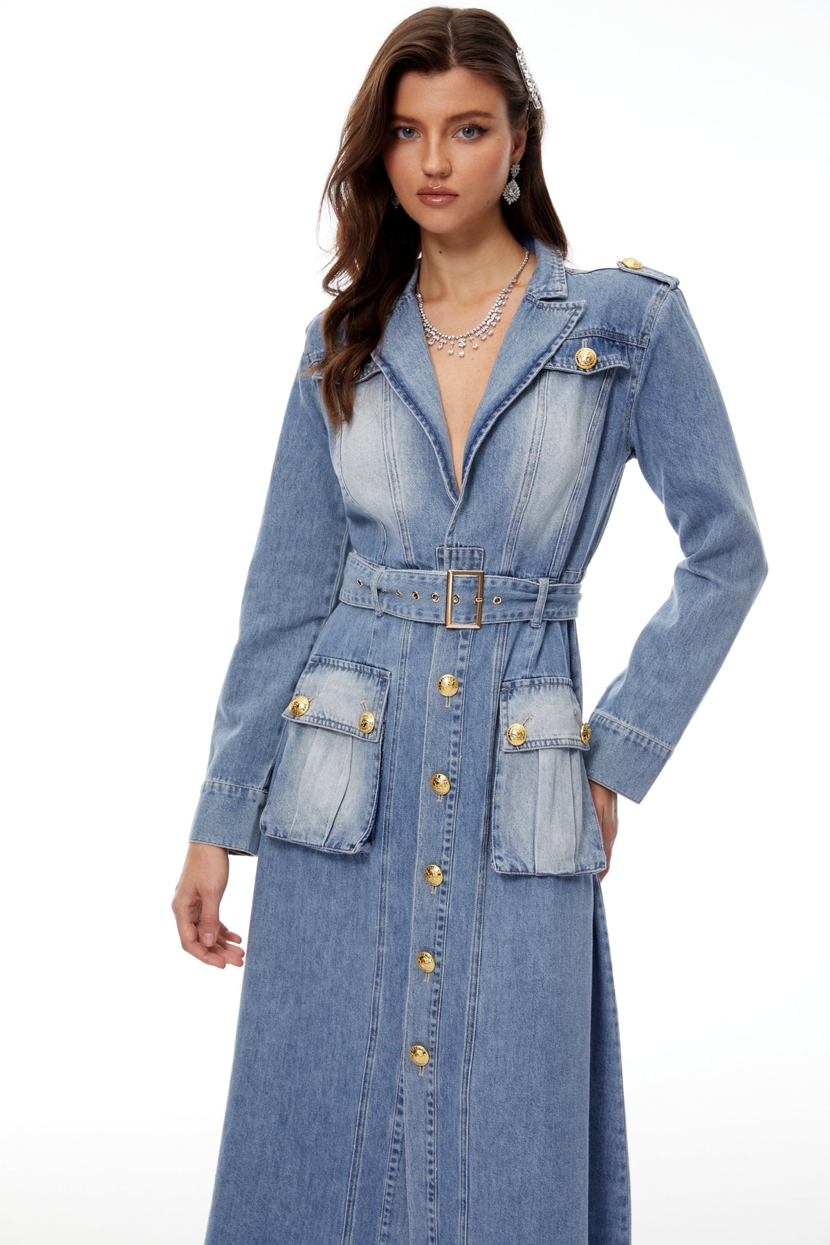 Tyra Blue Faded Denim Maxi Dress