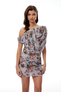 Felicia Grey Asymmetrical Floral Print Mini Dress