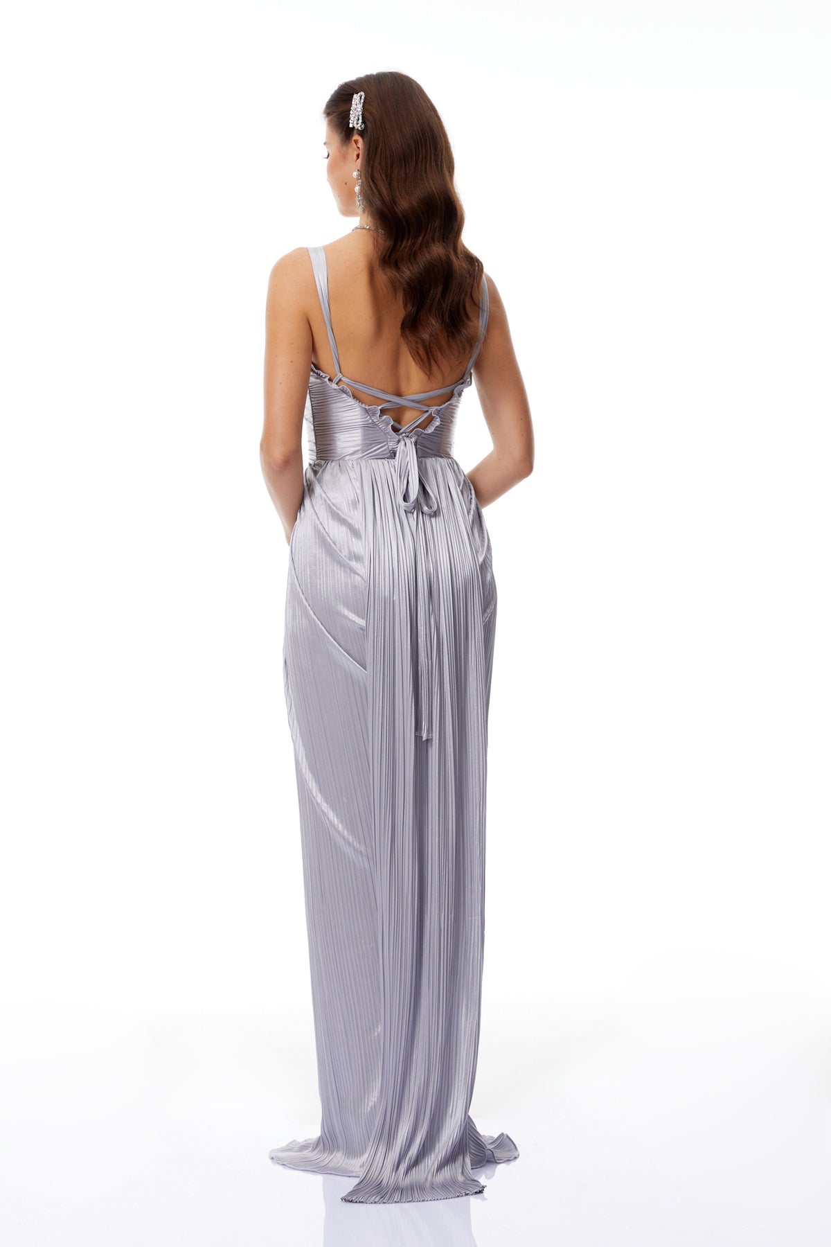 Nicoletta Silver Glossy Pleated Corset Maxi Dress