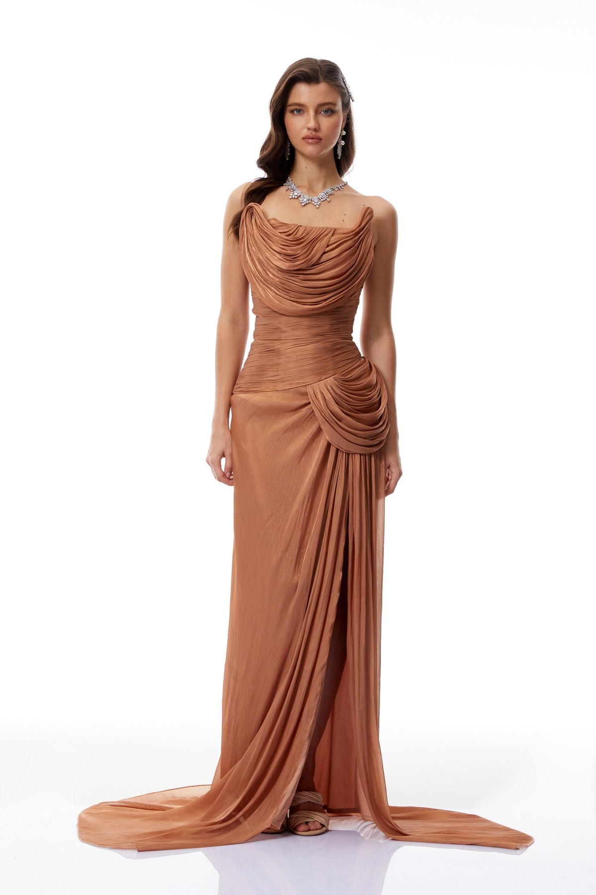 Gelsomina Gold Asymmetrical Glossy Gathered Maxi Dress