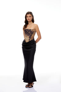 Amalia Black Leopard Corset Satin Maxi Dress