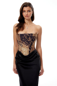 Amalia Black Leopard Corset Satin Maxi Dress