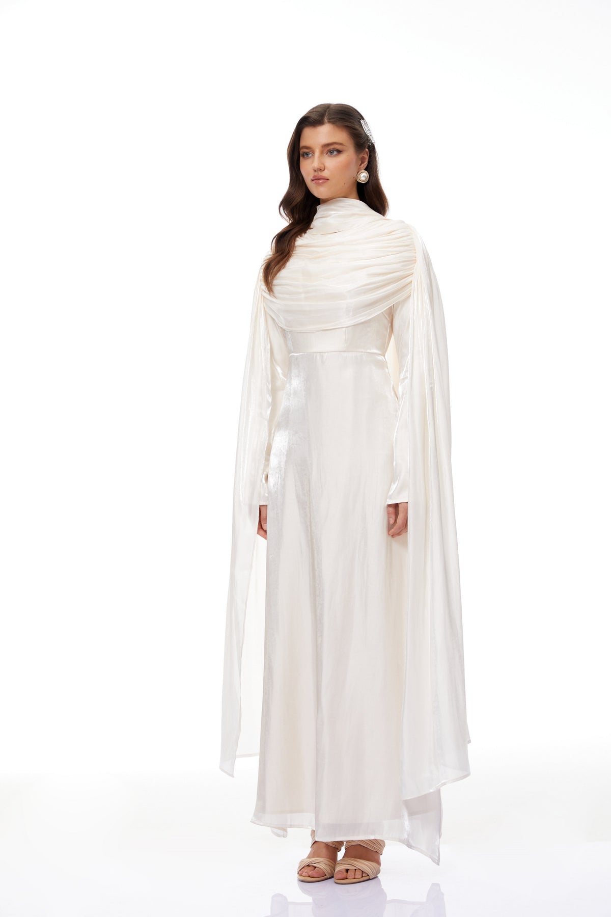 Hege Cream Glossy Ruched Cape Maxi Dress