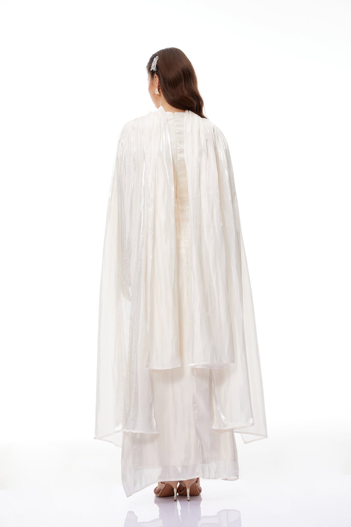 Hege Cream Glossy Ruched Cape Maxi Dress