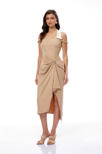 Kaelin Khaki Halterneck Asymmetrical Gathered Midi Dress