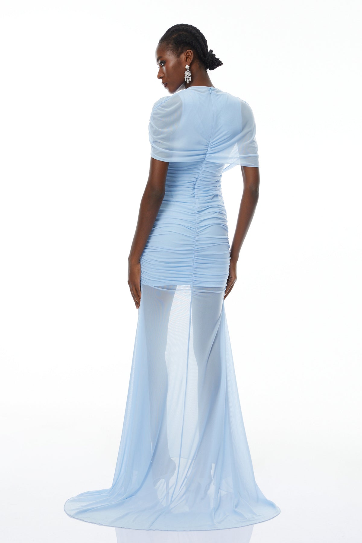 Sylphe Blue Asymmetrical Ruched Mesh Maxi Dress