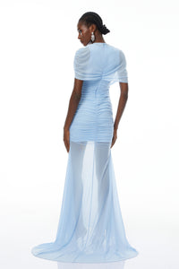 Sylphe Blue Asymmetrical Ruched Mesh Maxi Dress