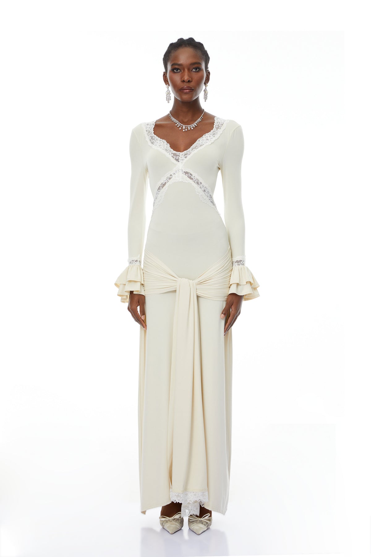 Tonina White Lace Trim Twisted Maxi Dress