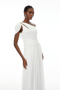 Sigrun White Asymmetrical Gathered Maxi Dress