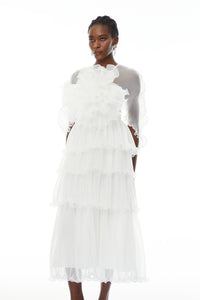 Simona White Floral Ruffled Tiered Midi Dress