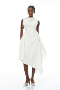 Liana White Asymmetrical Flared Midi Dress