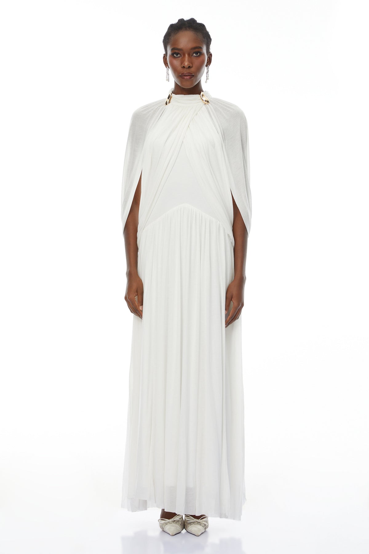 Bergljot White Cape Design Mesh Maxi Dress