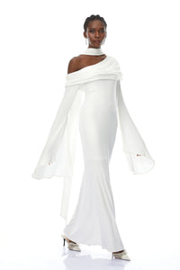 Simona White One Shoulder Pearl Trim Maxi Gown