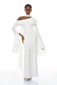 Simona White One Shoulder Pearl Trim Maxi Gown
