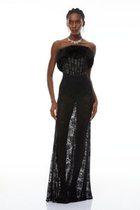 Tecla Black Lace Maxi Dress with Faux Fur Trim