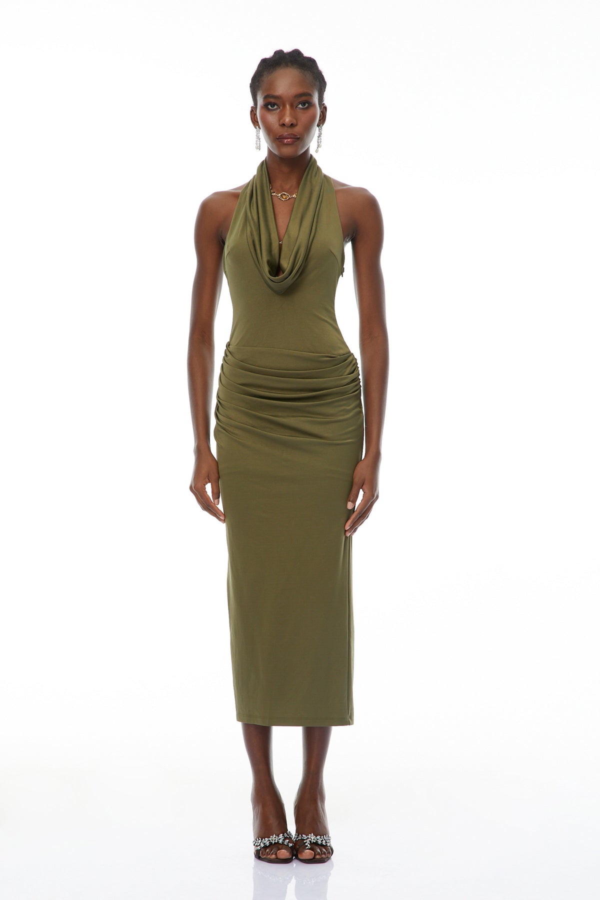 Selene Olive Halterneck Ruched Midi Dress