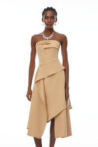 Mateo Khaki Off-Shoulder Asymmetrical Midi Dress