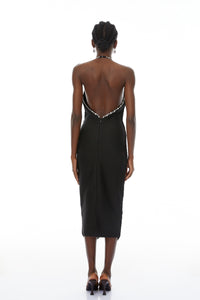 Grazia Black Halterneck Embellished Fringed Midi Dress