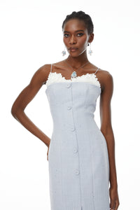 Célia Blue Tweed Midi Dress with Petal Trim