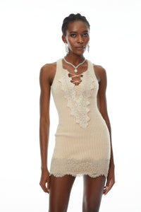 Larisa Neutral Lace Panel Knit Mini Dress