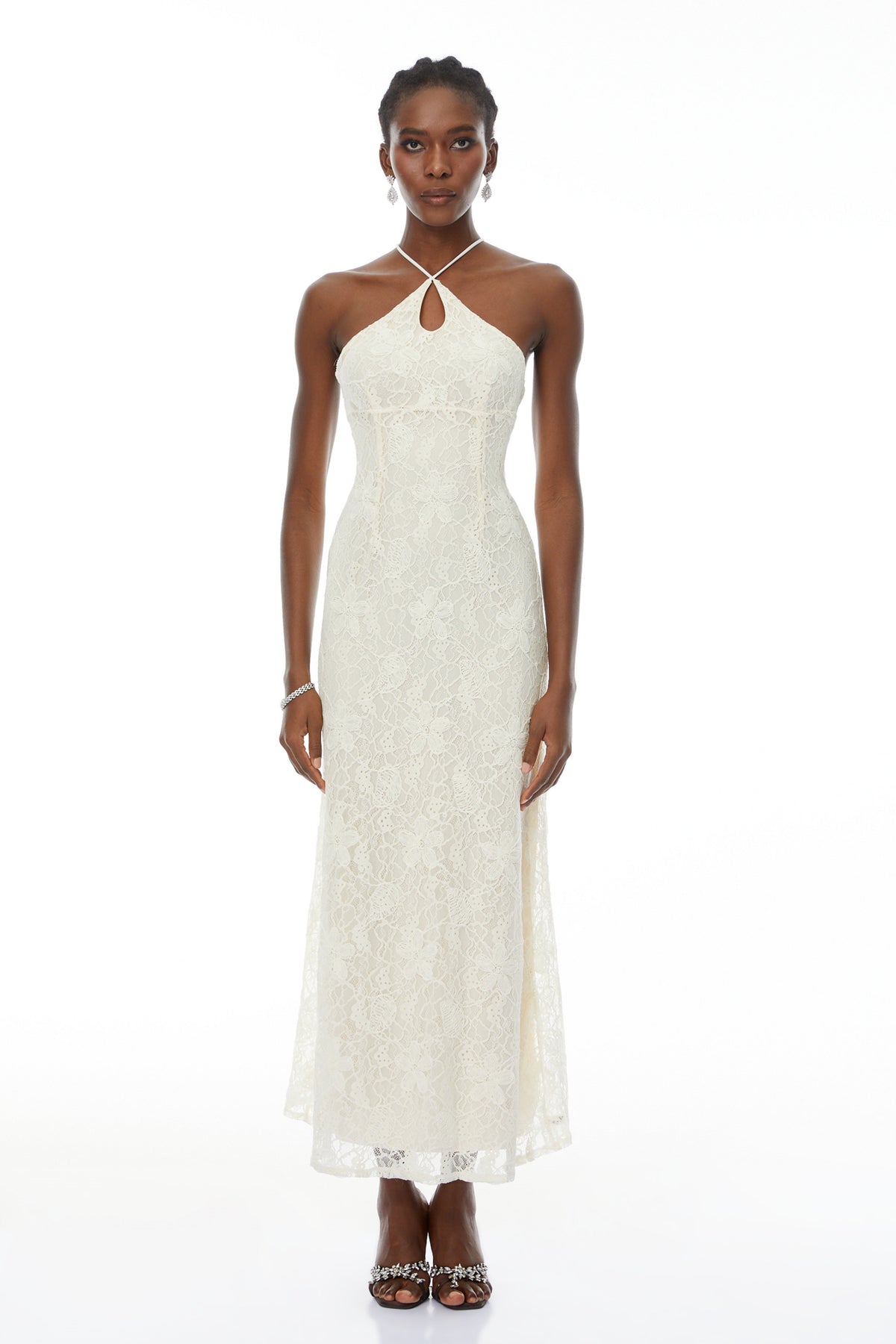 Milania White Halterneck Floral Lace Maxi Dress