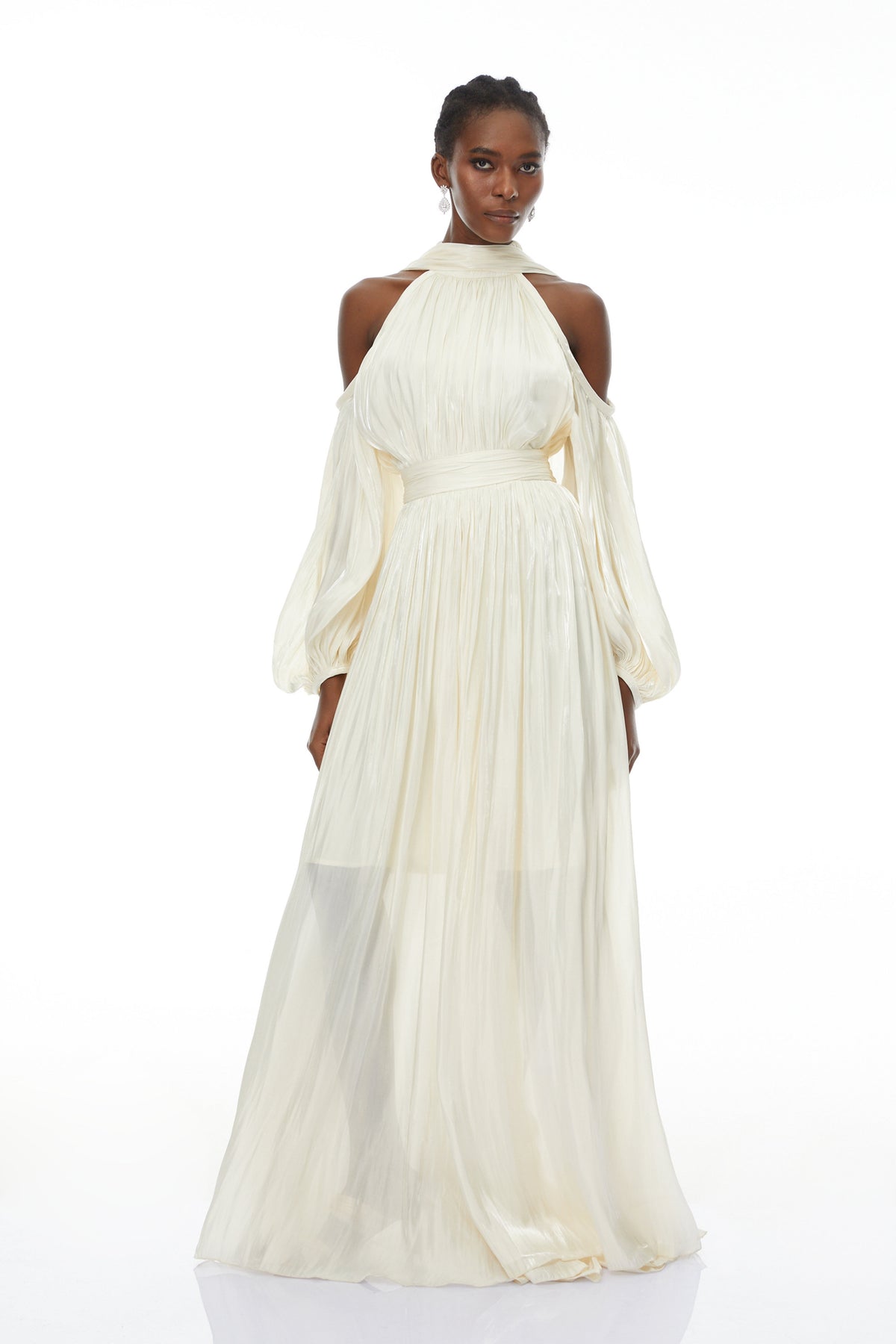 Margot White Cold Shoulder Ruched Maxi Dress