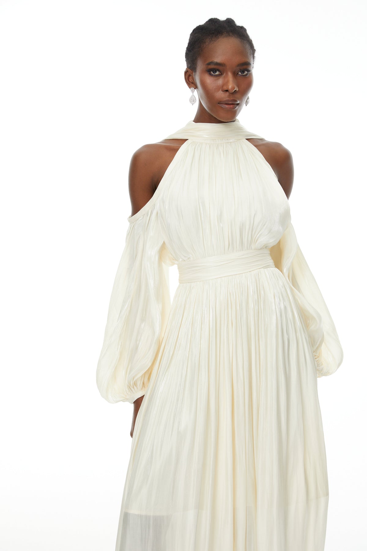 Margot White Cold Shoulder Ruched Maxi Dress