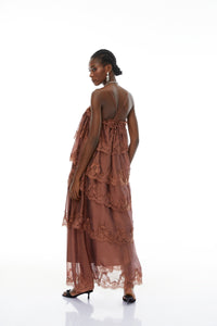 Sloane Brown Ruffled Lace Trim Maxi Dress