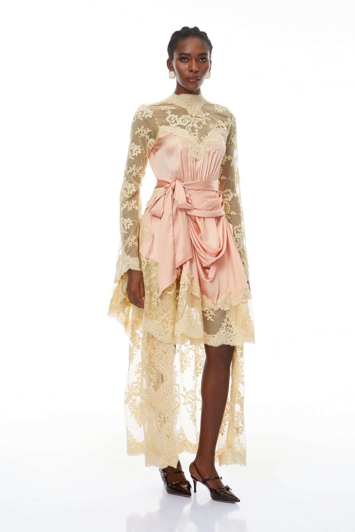 Francesca Pink Self-tie Lace Midi Dress