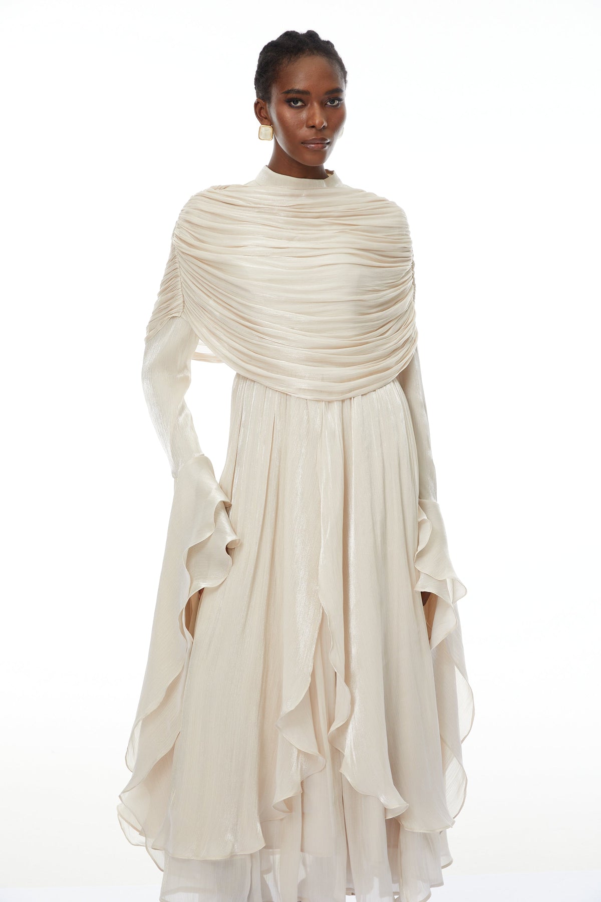 Gustave Neutral Ruched Cape Ruffled Maxi Dress